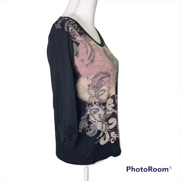 Style & Co. Jeans Studded Embellished Floral Print Top Y2K Size Petite Large - Picture 3 of 9